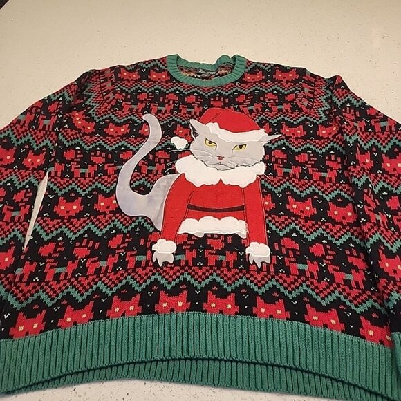 33 Degrees CAT Ugly Christmas Sweater Size Men's M Kitty Unisex Holiday Cotton - Picture 1 of 6